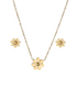Gold flower necklace and earrings on a white background