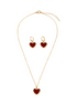 Jewelry set with heart-shaped pendants on a gold chain and earrings.