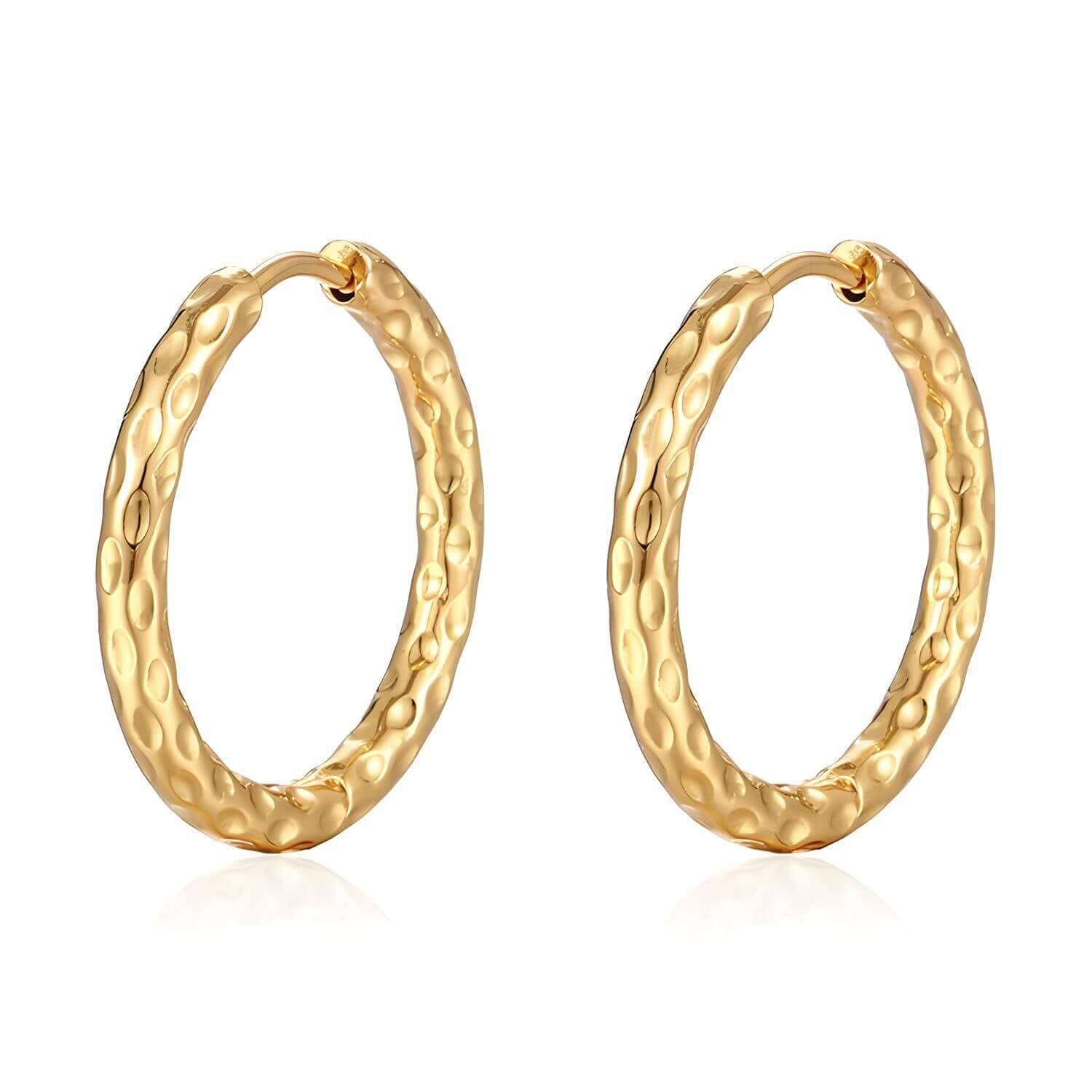 Hammered Hoop Earrings, 18K Gold Plated Steel