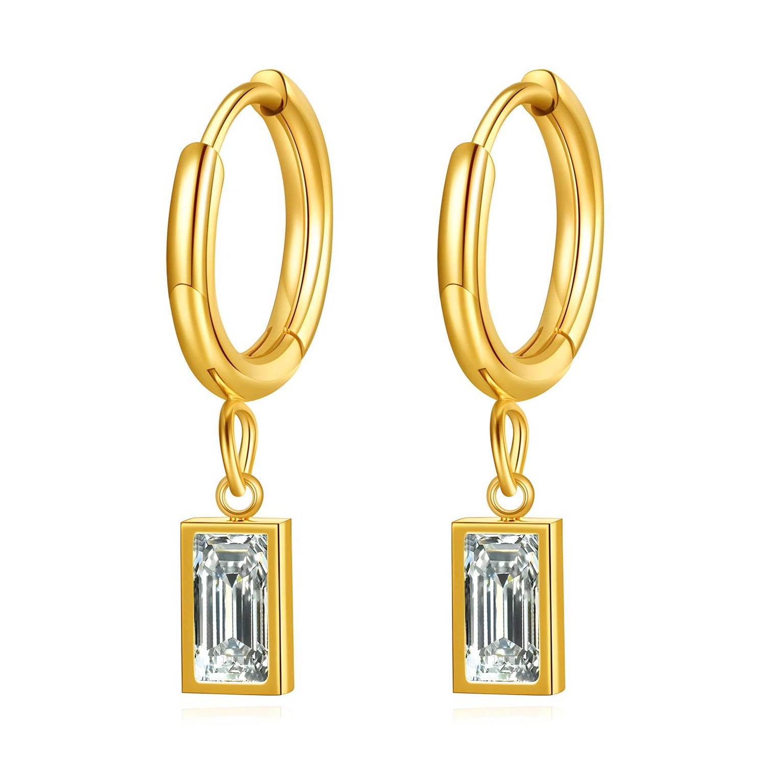 Rectangular Drop Hoop Earrings, 18K Gold Plated Steel