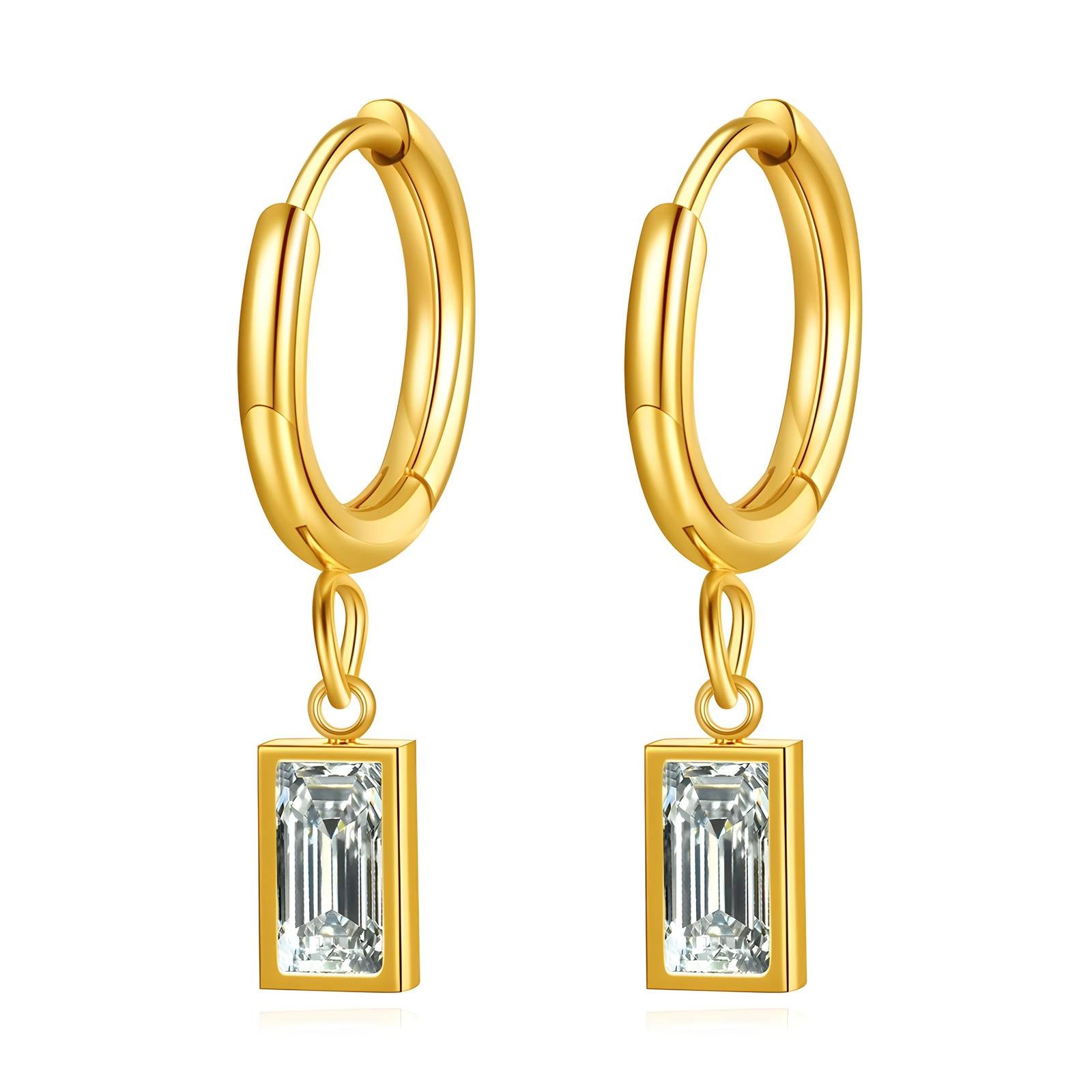 Rectangular Drop Hoop Earrings, 18K Gold Plated Steel