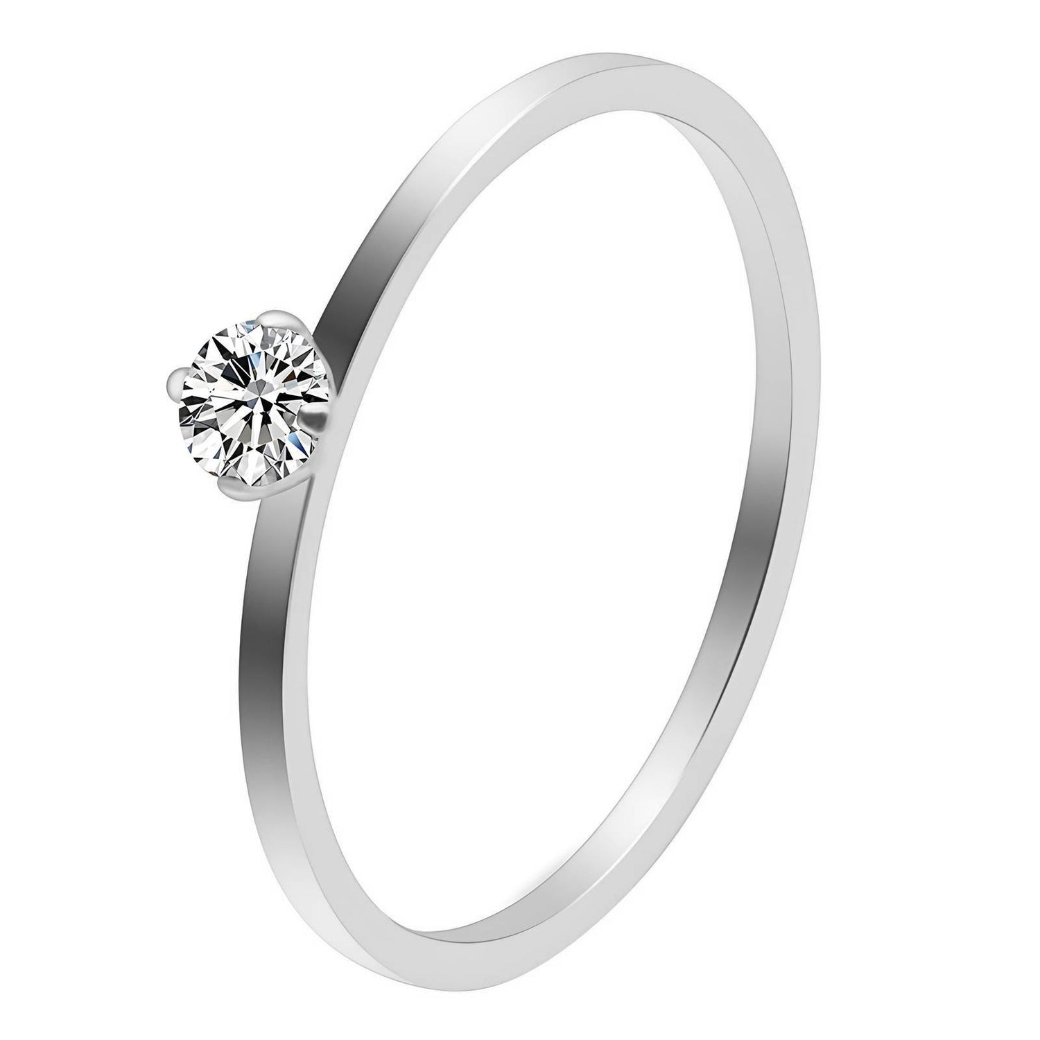 Minimal solitaire ring with thin stainless steel band and round-cut zirconia centerpiece in a claw setting