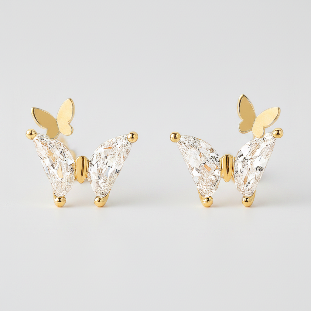 Crystal Butterfly Stud Earrings – Delicate Gold & Diamond Sparkle