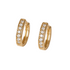 Gold hoop earrings with embedded diamonds on a light gray background