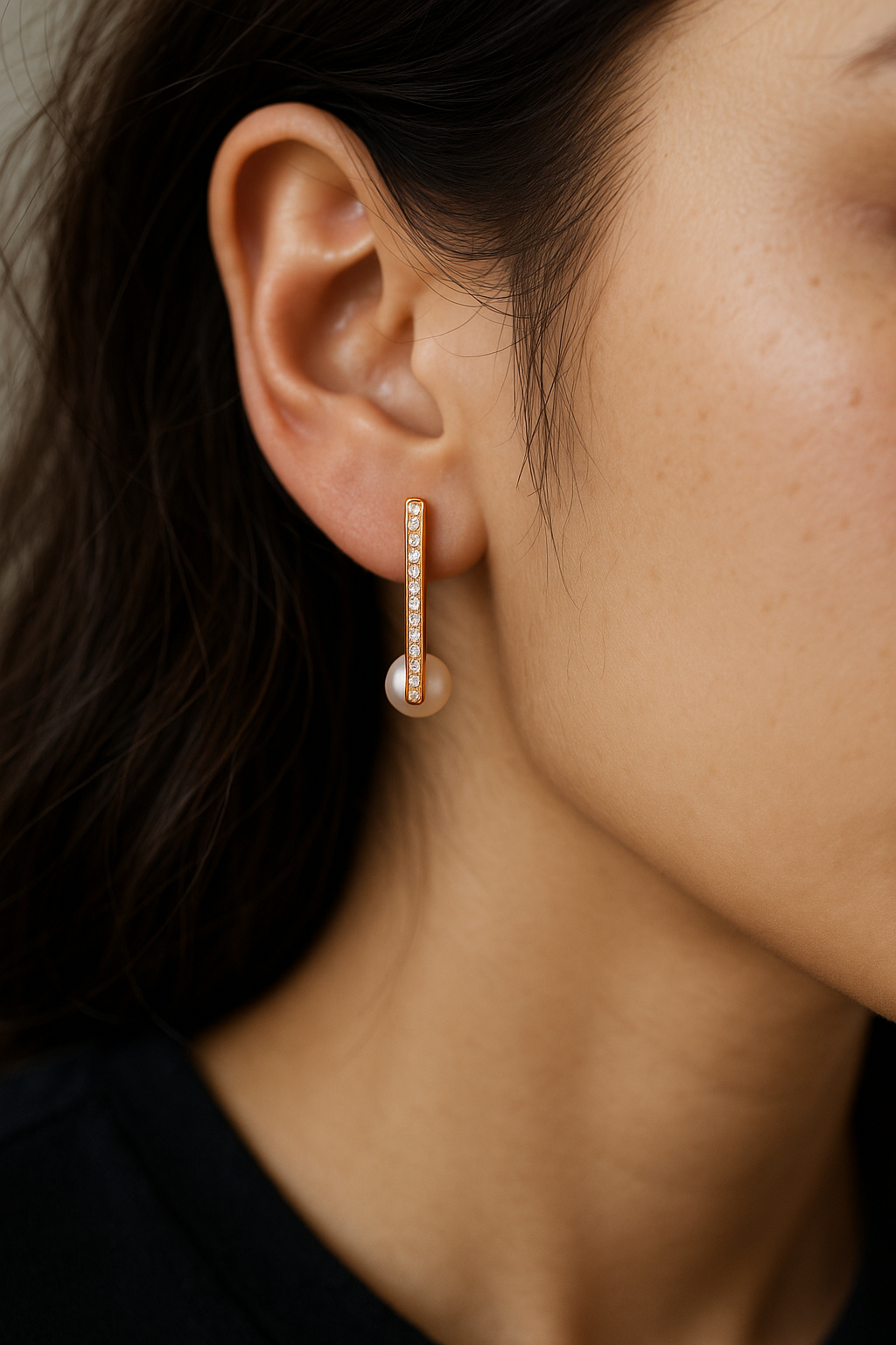 Gold Bar Pearl Drop Earrings with Crystals