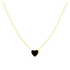 Gold necklace with a black heart pendant on a white background