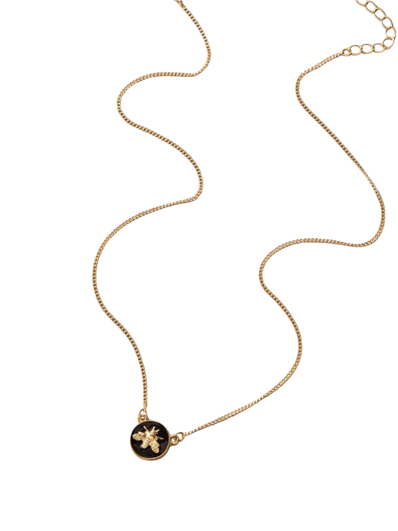 Gold necklace with a bumble bee pendant on a white background