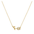 Gold necklace with a leaf and pearl pendant on a white background