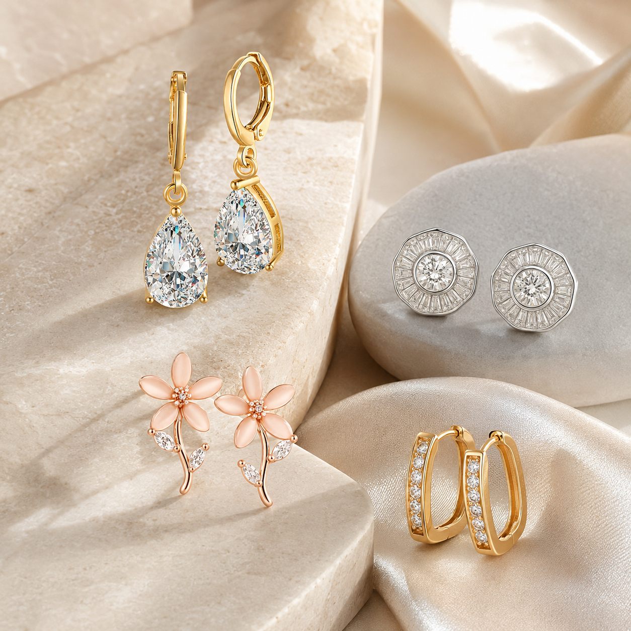 Nyaara gold silver and rose gold earrings in a luxury jewellery arrangement