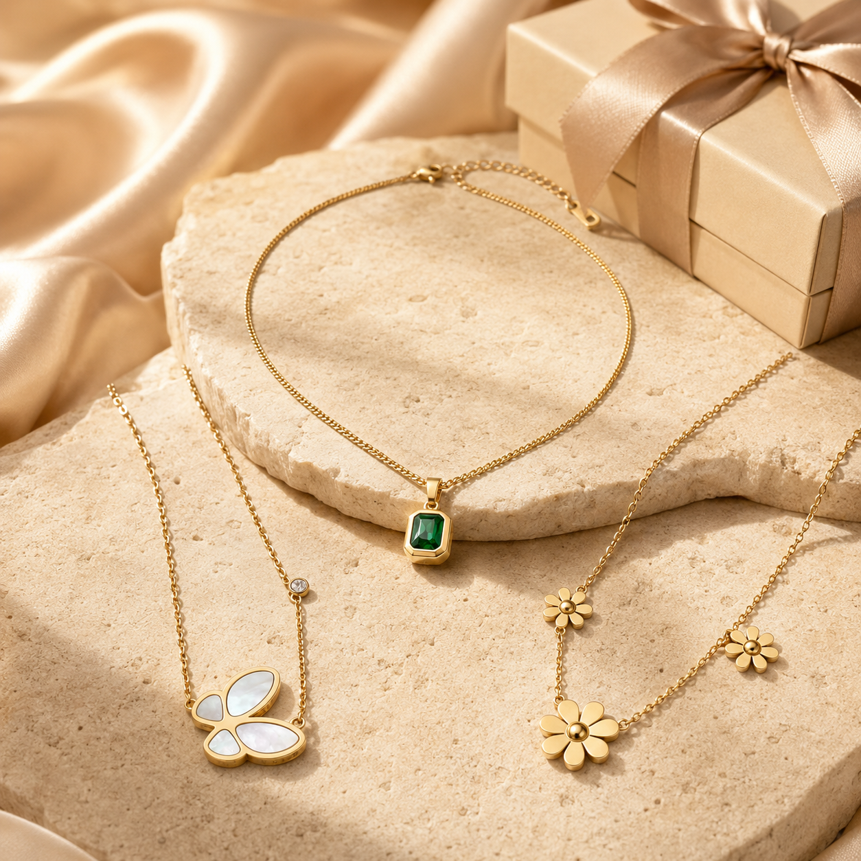Jewellery gifts for her featuring Nyaara gold necklaces on champagne silk