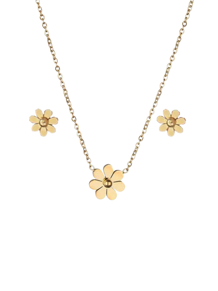 Gold flower necklace and earrings on a white background