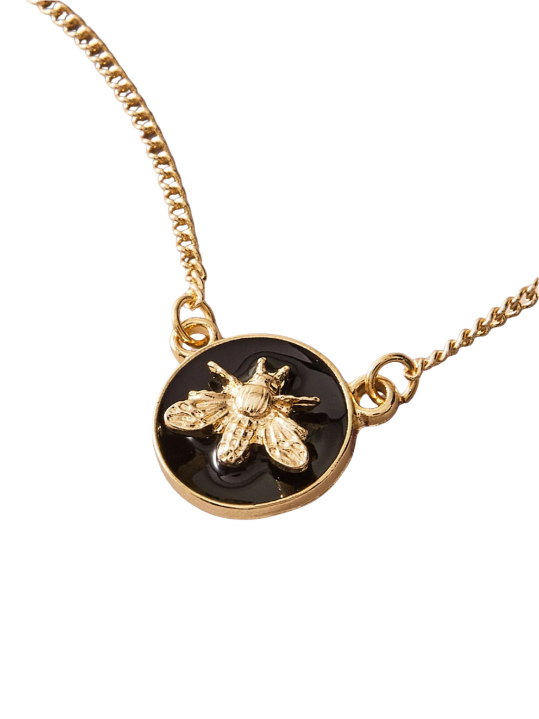 Gold necklace with a bee pendant on a white background