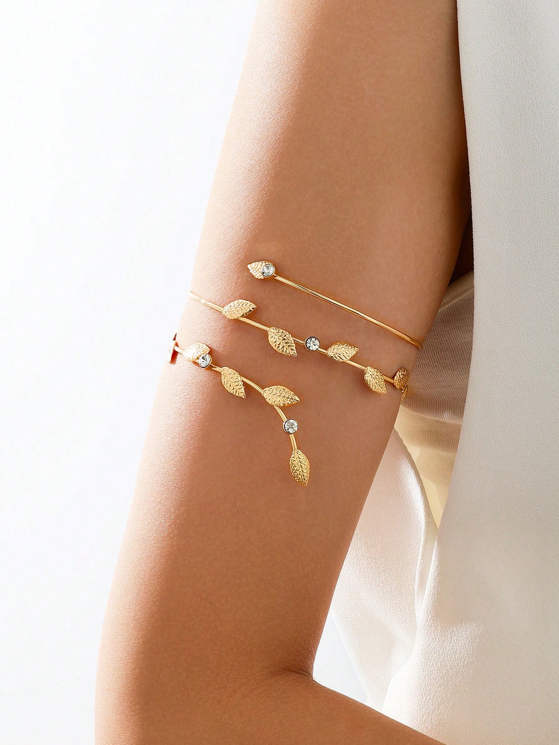 Gold Leaf Arm Cuff Bracelet with Crystal Accents