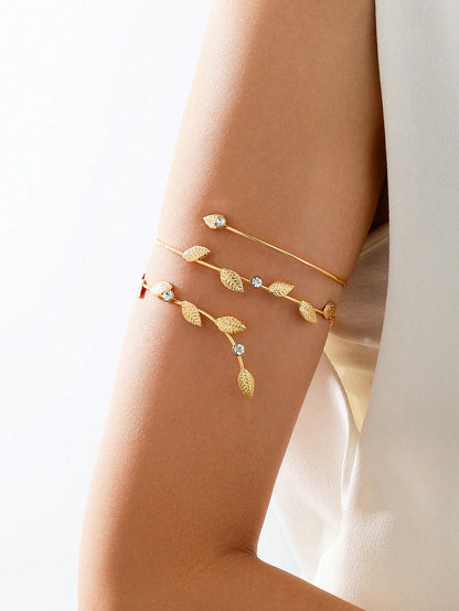 Gold Leaf Arm Cuff Bracelet with Crystal Accents