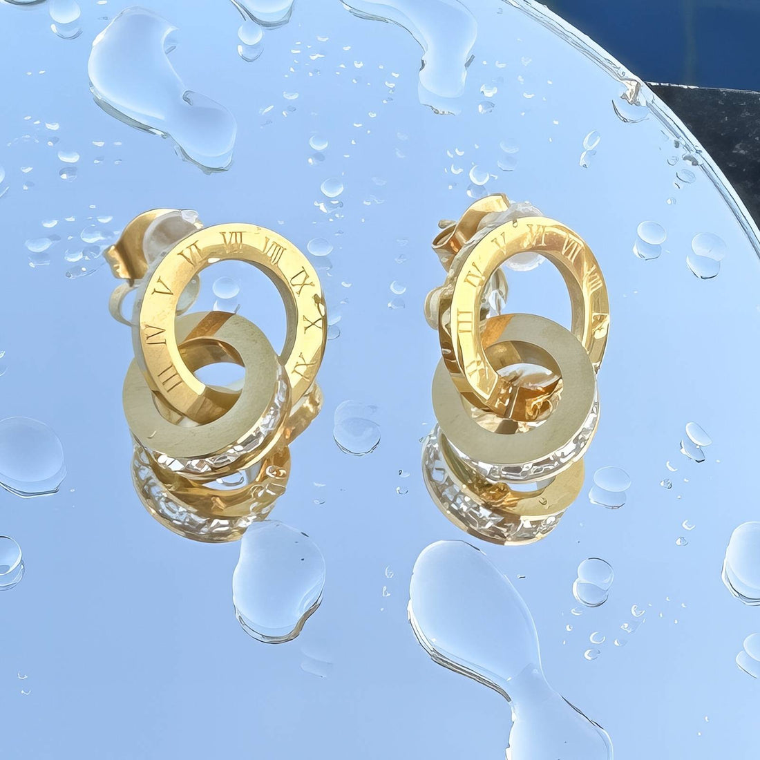Roman Numeral Crystal Earrings, 18K Gold Plated Steel