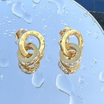 Roman Numeral Crystal Earrings, 18K Gold Plated Steel