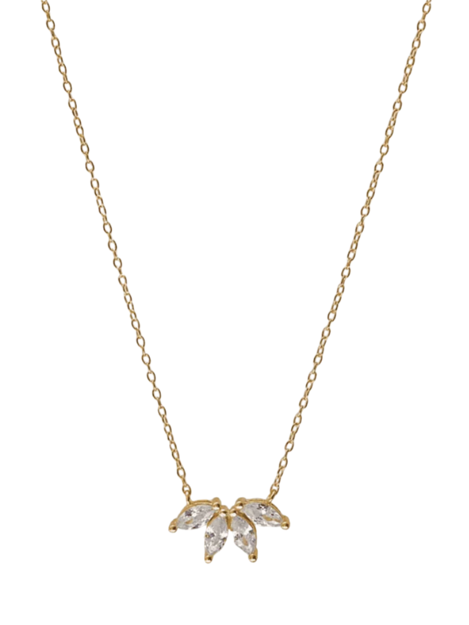 Gold necklace with a leaf-shaped pendant on a white background