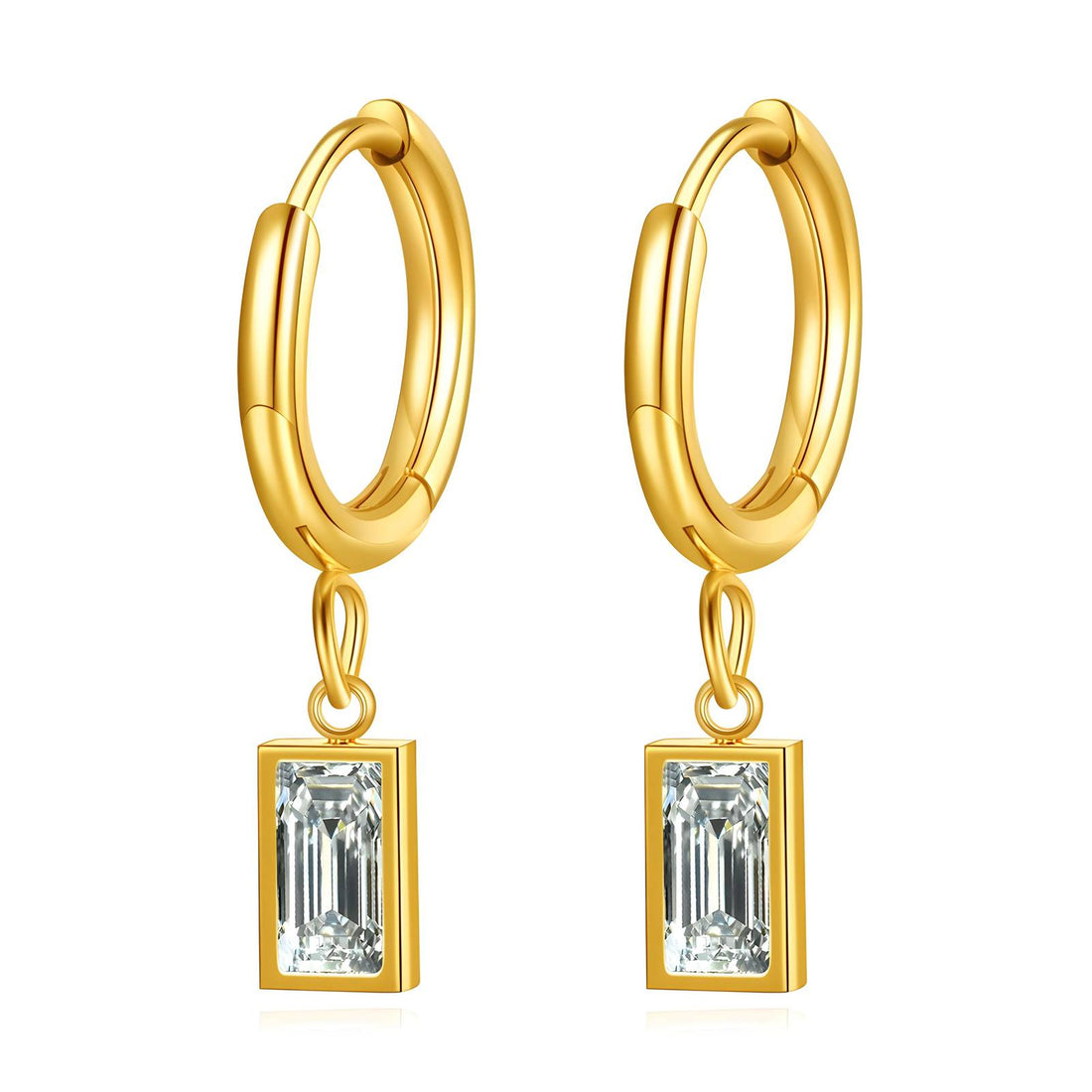Rectangular Drop Hoop Earrings, 18K Gold Plated Steel