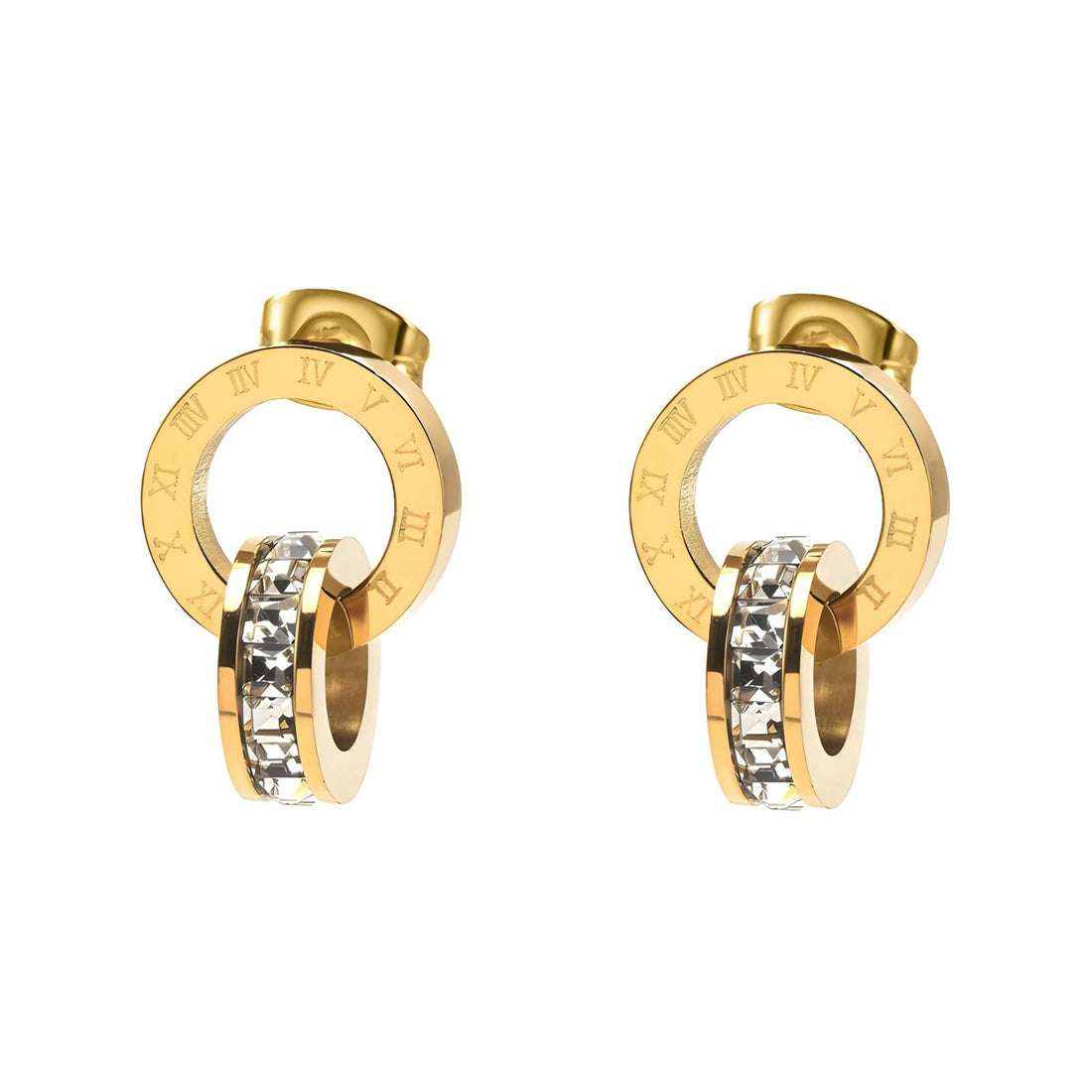 Roman Numeral Crystal Earrings, 18K Gold Plated Steel