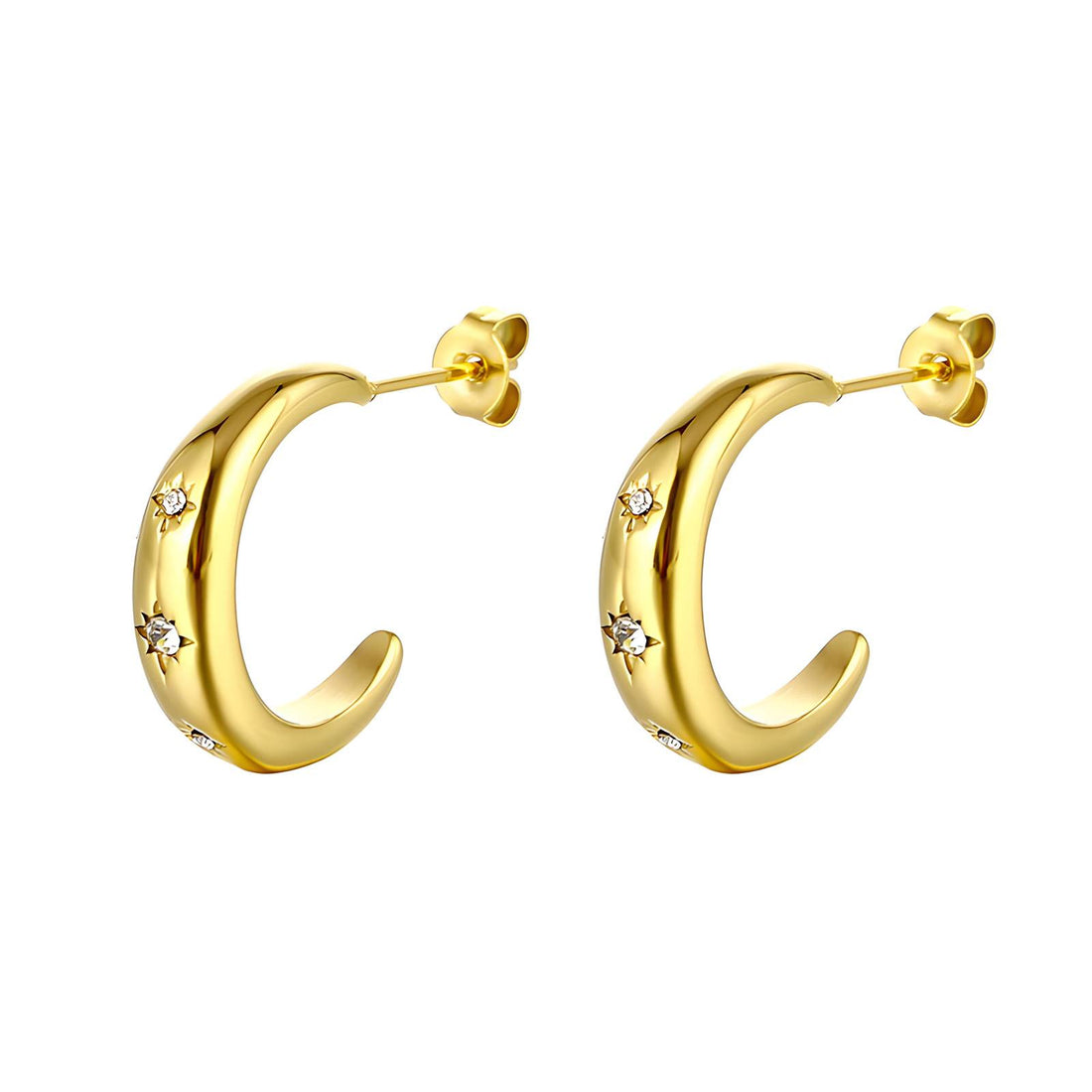 Star Studded Hoop Earrings, 18K Gold Plated Steel – Crystal Accents