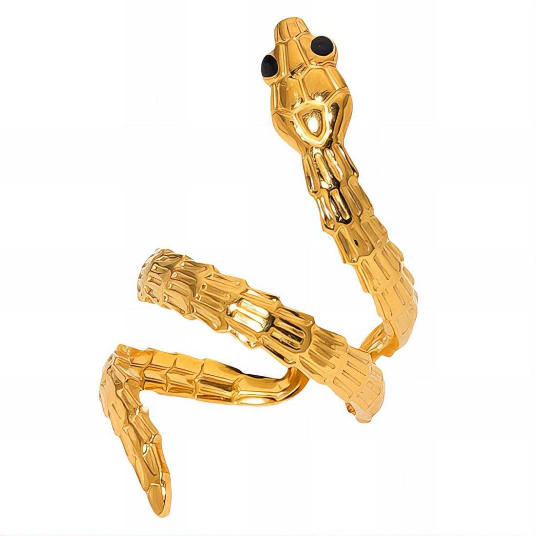 Gold snake wrap ring with scale-textured body and black enamel eyes in 18K gold plated stainless steel