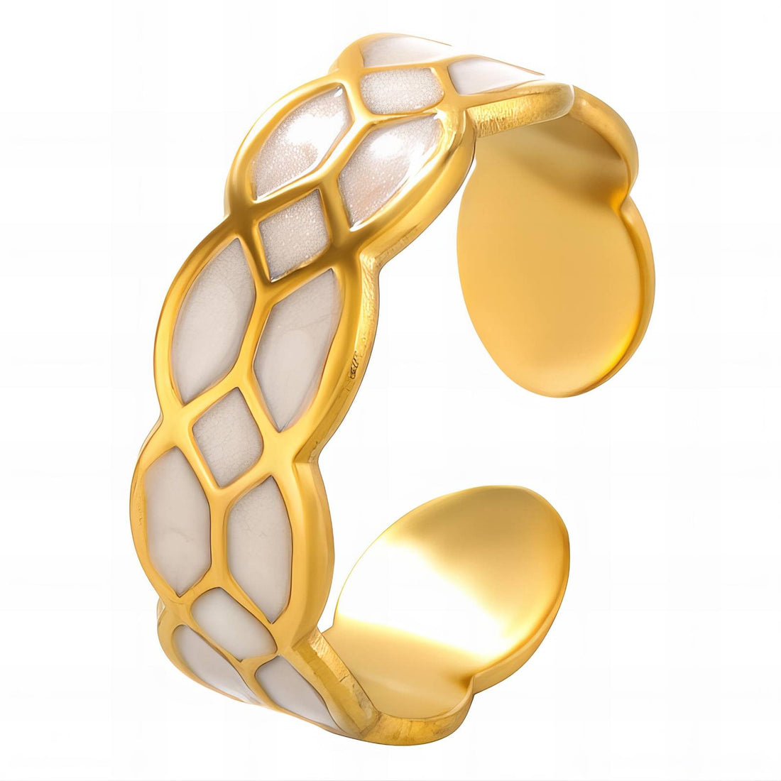 Ivory enamel geometric gold ring featuring honeycomb-inspired pattern on an open cuff band