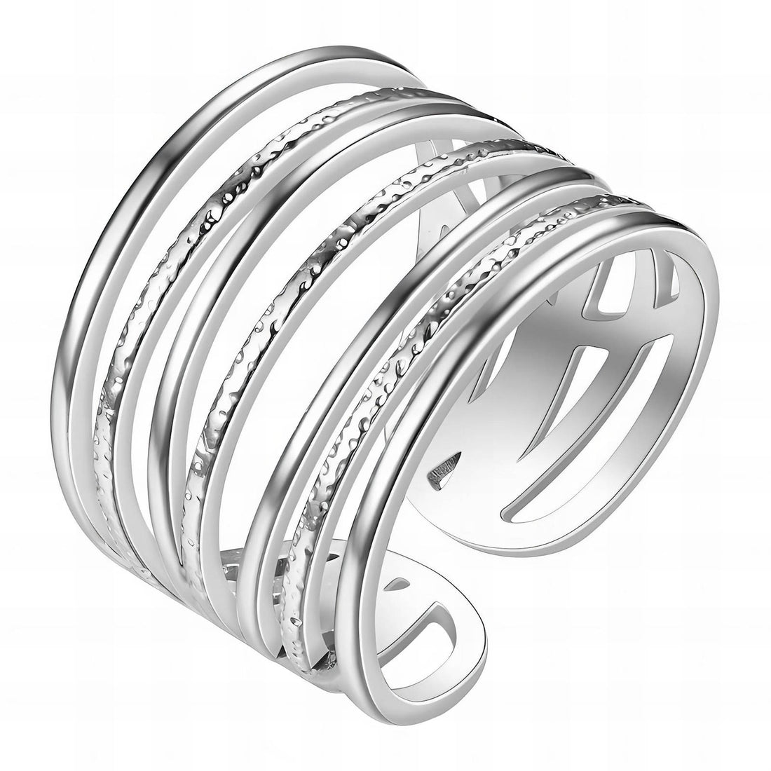 Wide stainless steel ring with layered smooth and hammered bands in a modern open stack design