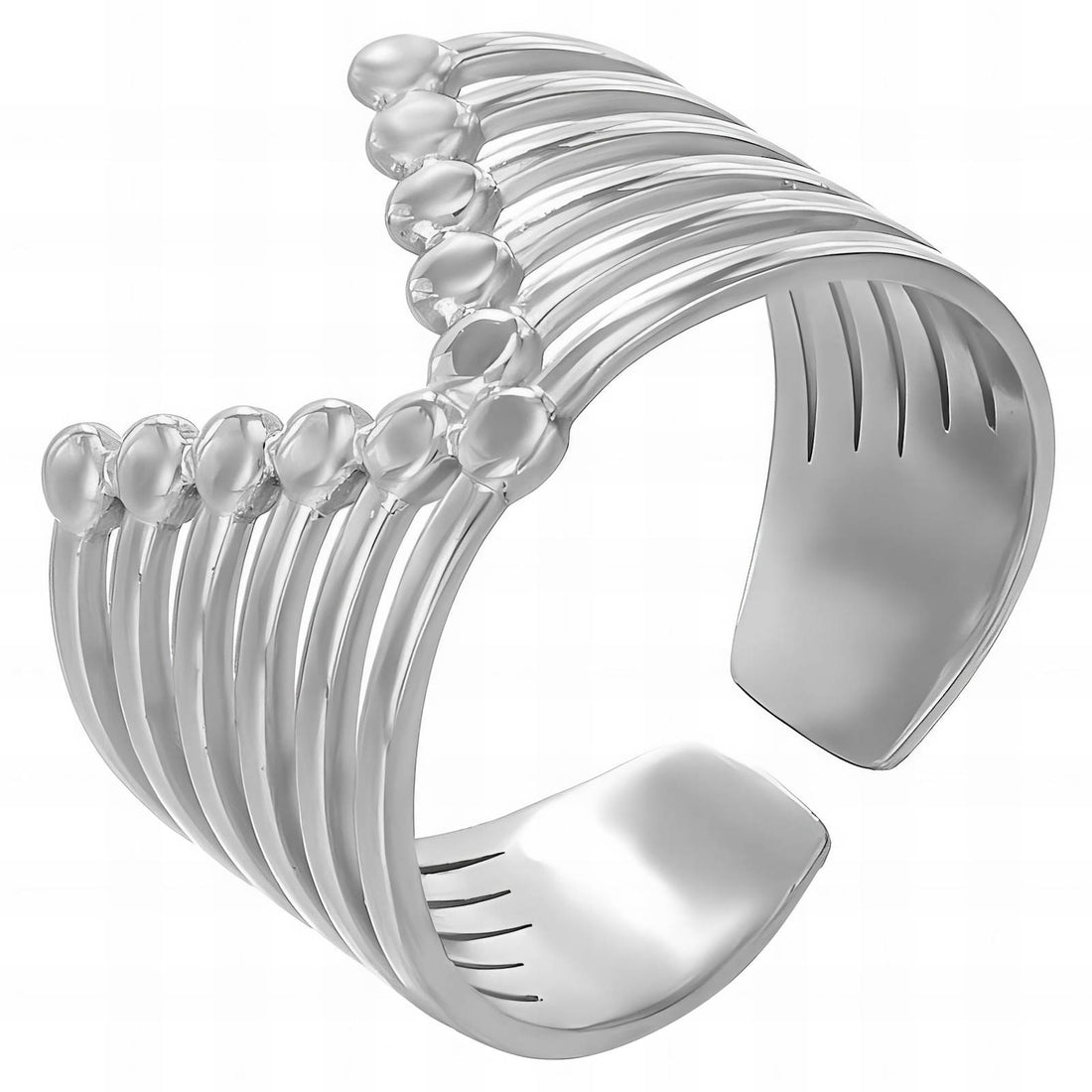 Futuristic stainless steel ring with layered slim bands and polished silver bead accents in an open cuff style