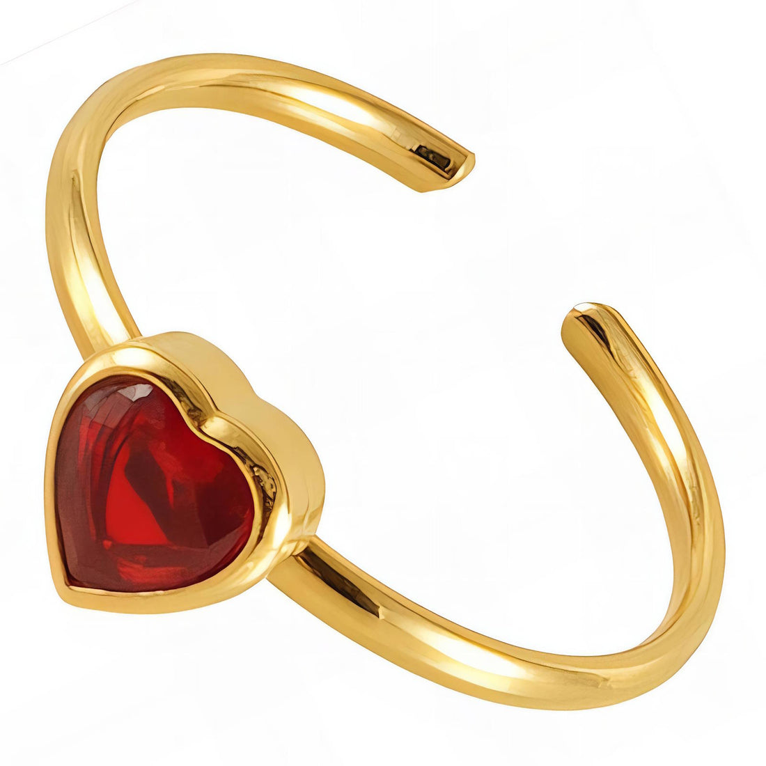Open gold heart ring with red enamel centerpiece in a romantic 18K gold plated setting