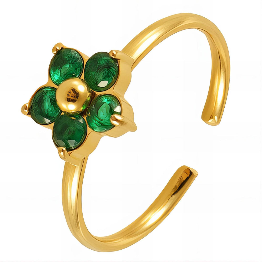 Gold floral open ring with five green round-cut stones arranged in a petal design and gold bead center