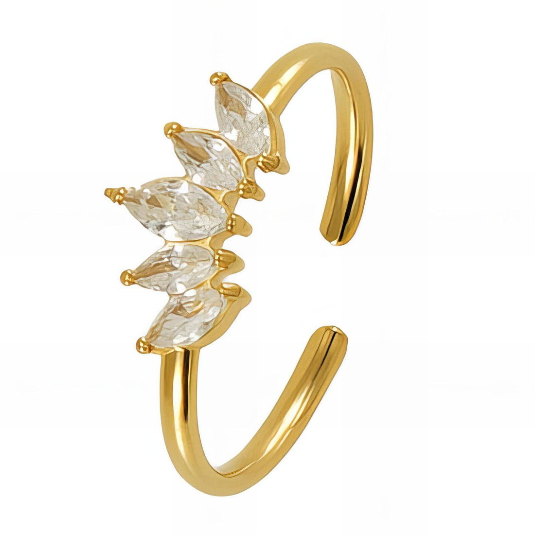 Delicate gold open ring with five marquise-cut zirconia stones in a floral vine-inspired cluster