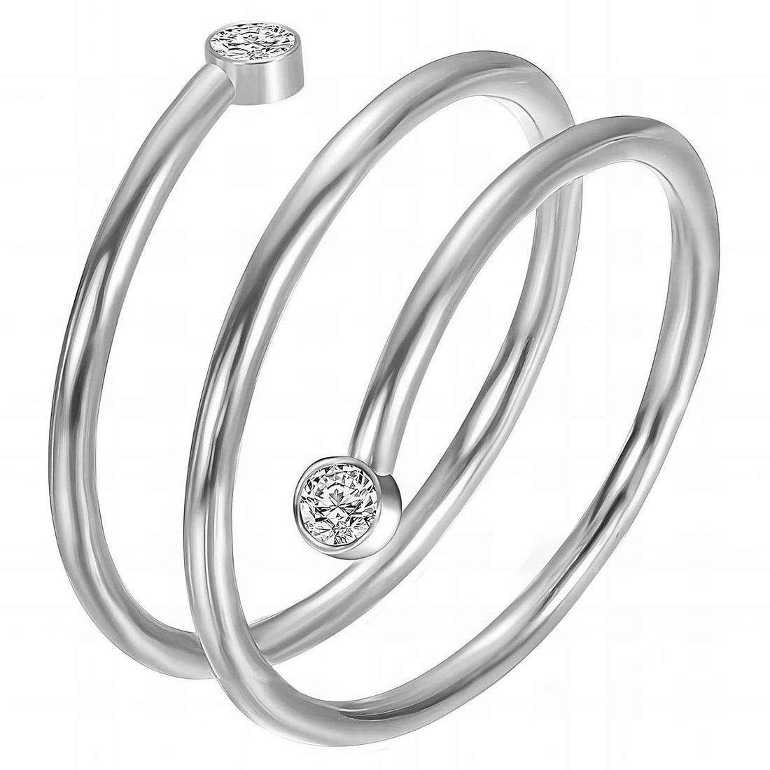 Contemporary double coil silver ring with bezel-set zirconia stones and a polished stainless steel finish