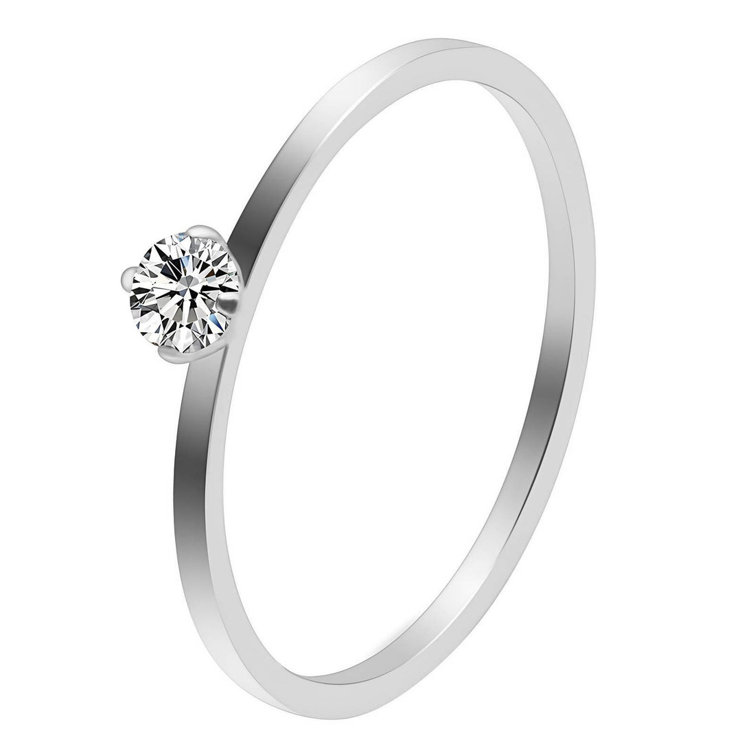 Minimal solitaire ring with thin stainless steel band and round-cut zirconia centerpiece in a claw setting
