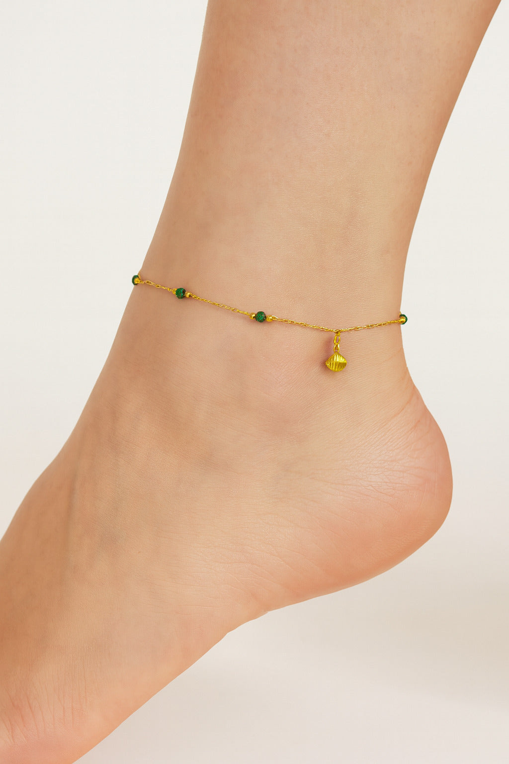 Gold Shell Charm Anklet with Green Beads