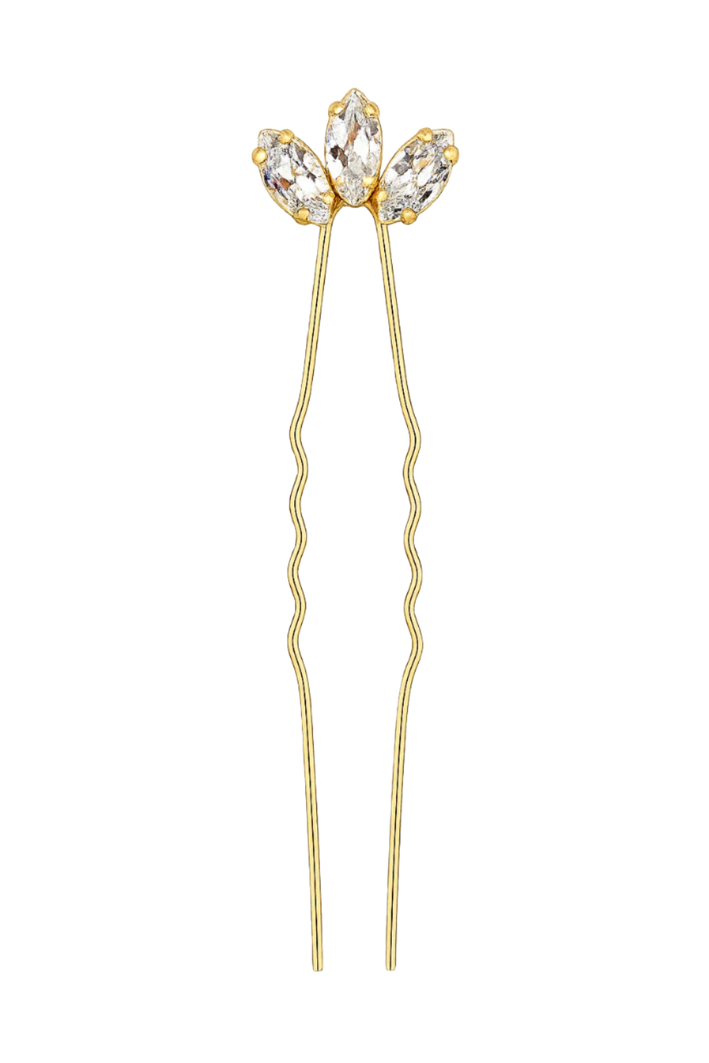 Gold hairpin with crystal-like stones on a white background