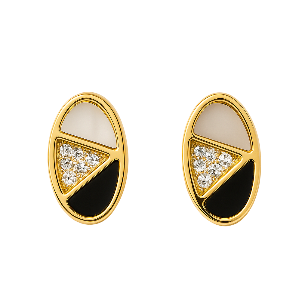 Pair of gold earrings with black and white design on a white background