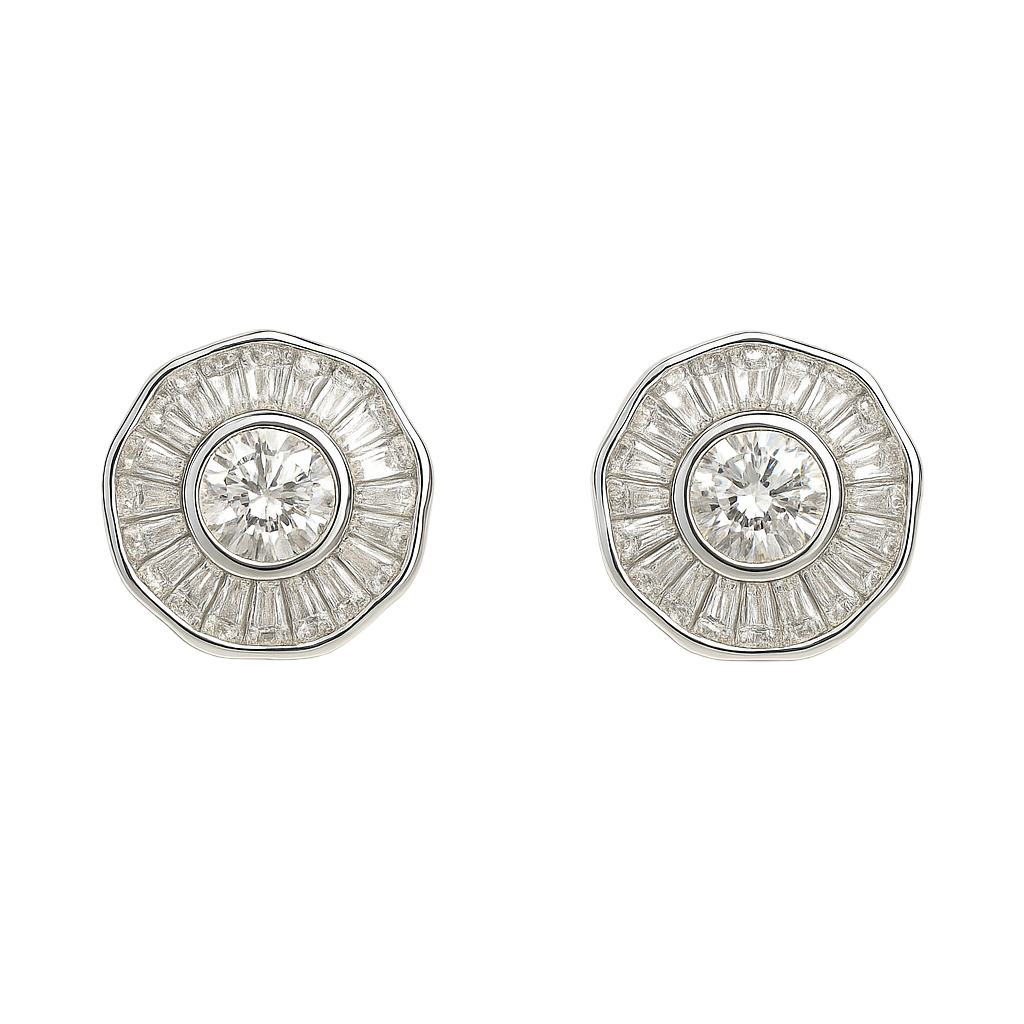 Silver Halo Stud Earrings with Round Crystals