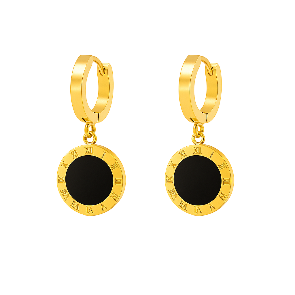 Gold hoop earrings with black round pendants on a white background