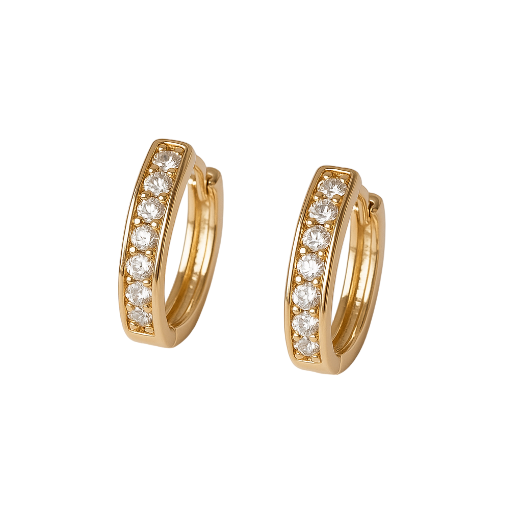 Gold hoop earrings with embedded diamonds on a light gray background