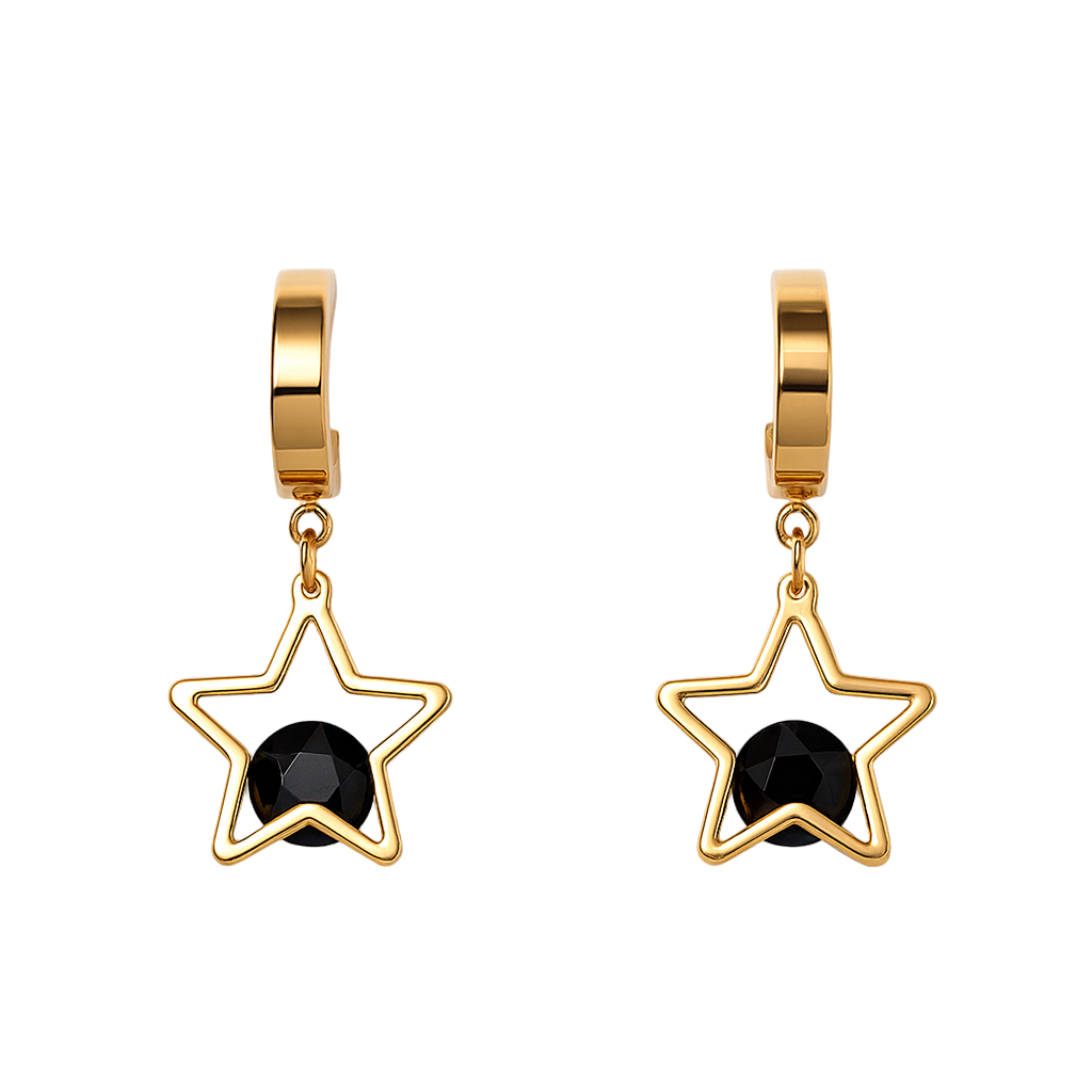 Gold star-shaped earrings with black stones on a white background