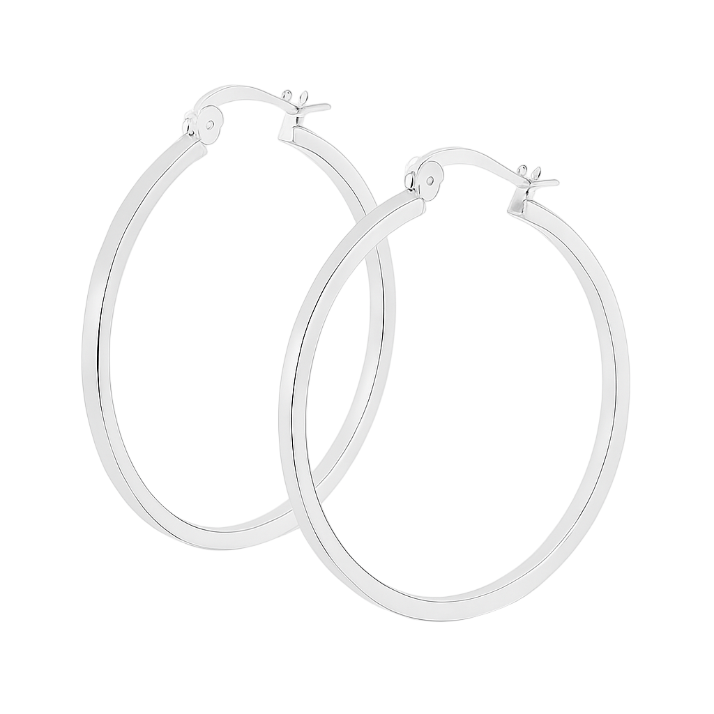 Pair of silver hoop earrings on a white background