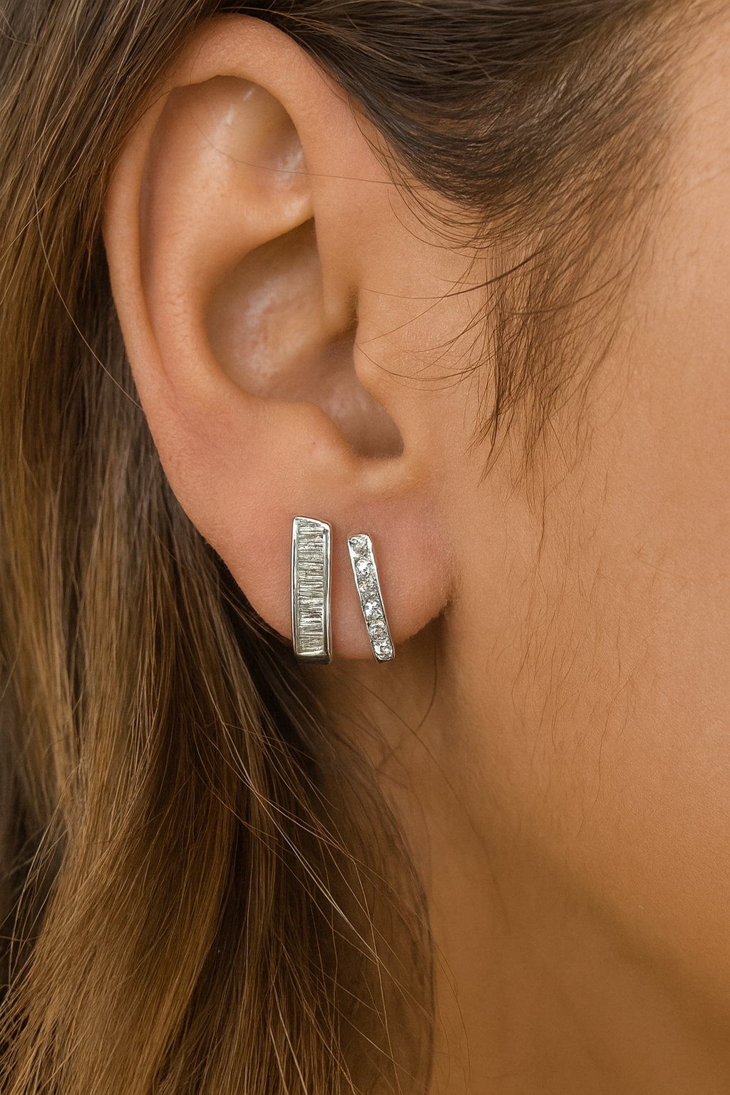 Silver Bar Stud Earrings with Dual Crystal Design