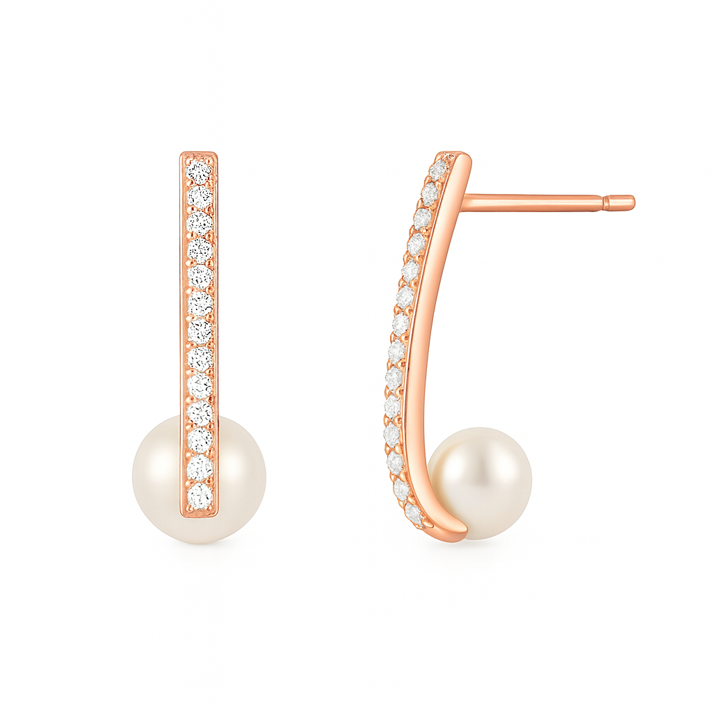 Gold Bar Pearl Drop Earrings with Crystals