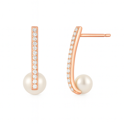 Gold Bar Pearl Drop Earrings with Crystals