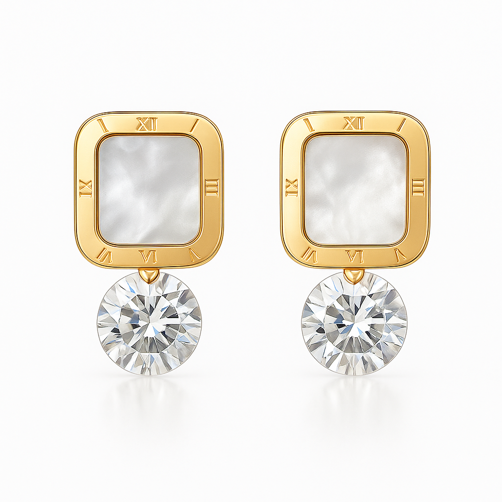 Gold Roman Square Mother of Pearl Earrings with Crystal Drops