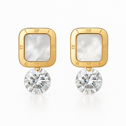 Gold Roman Square Mother of Pearl Earrings with Crystal Drops