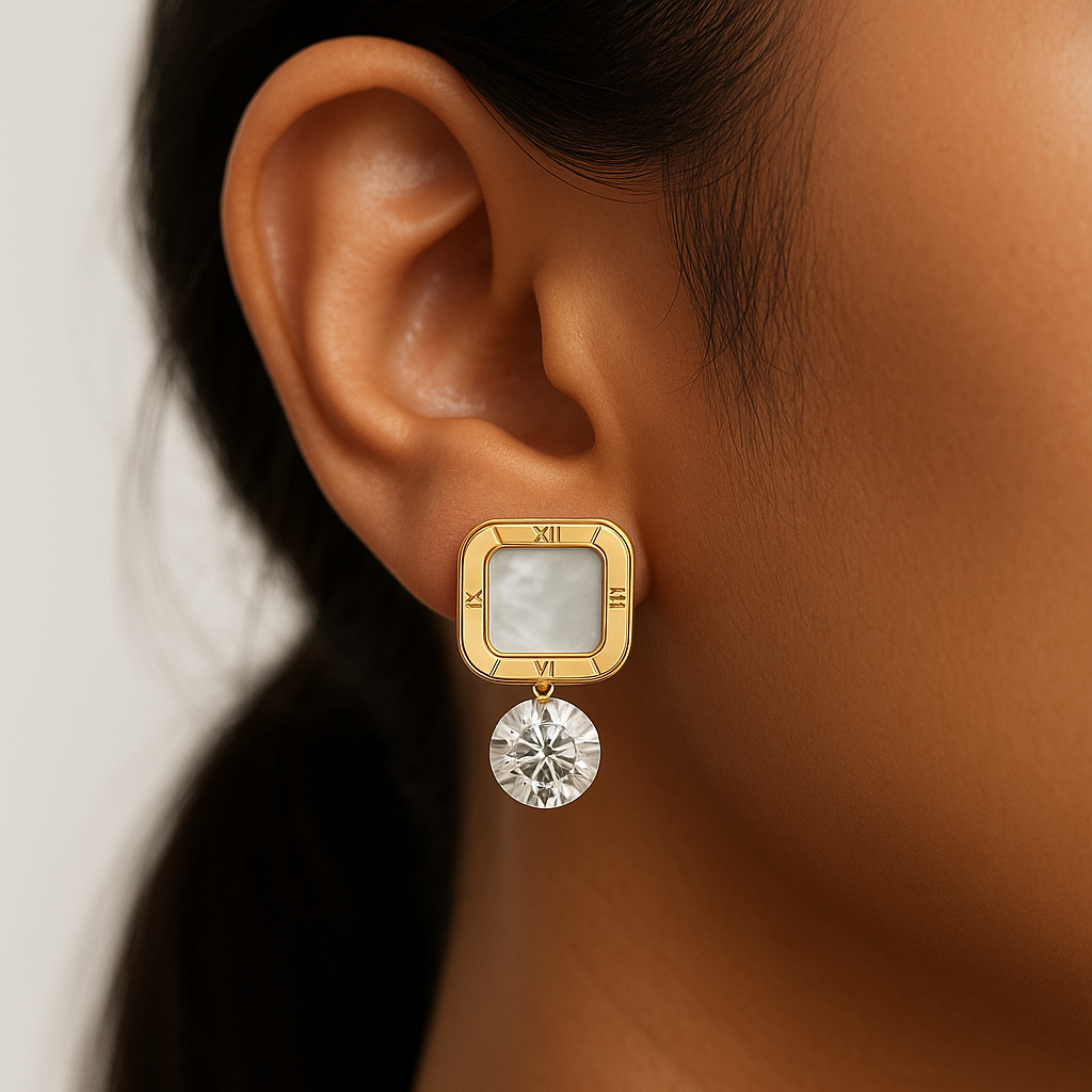 Gold Roman Square Mother of Pearl Earrings with Crystal Drops