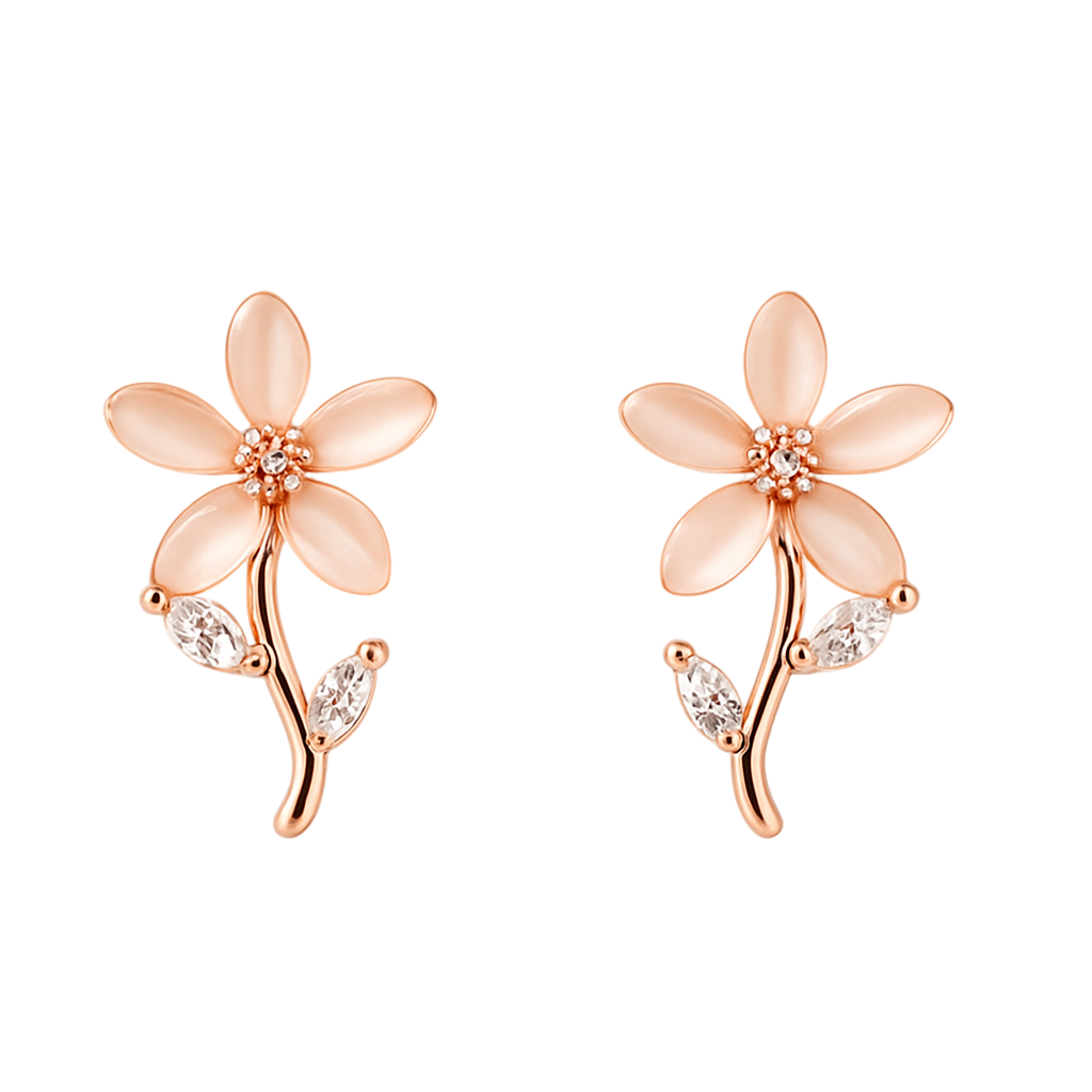 Rose Gold Flower Stud Earrings with Crystal Leaves