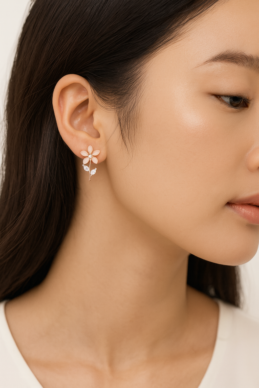 Rose Gold Flower Stud Earrings with Crystal Leaves