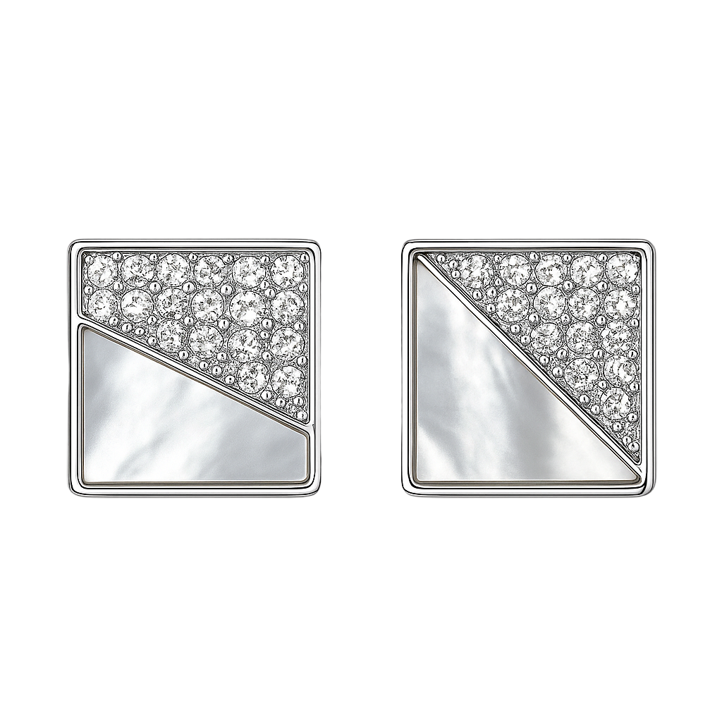 Silver Square Stud Earrings with Mother of Pearl and Crystals